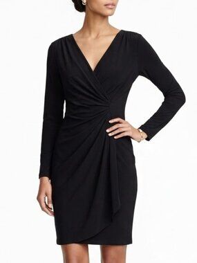 Evan Picone  Black 3/4 Sleeve Evening Rouching Ruffled Front Slip on Dress Sz 10